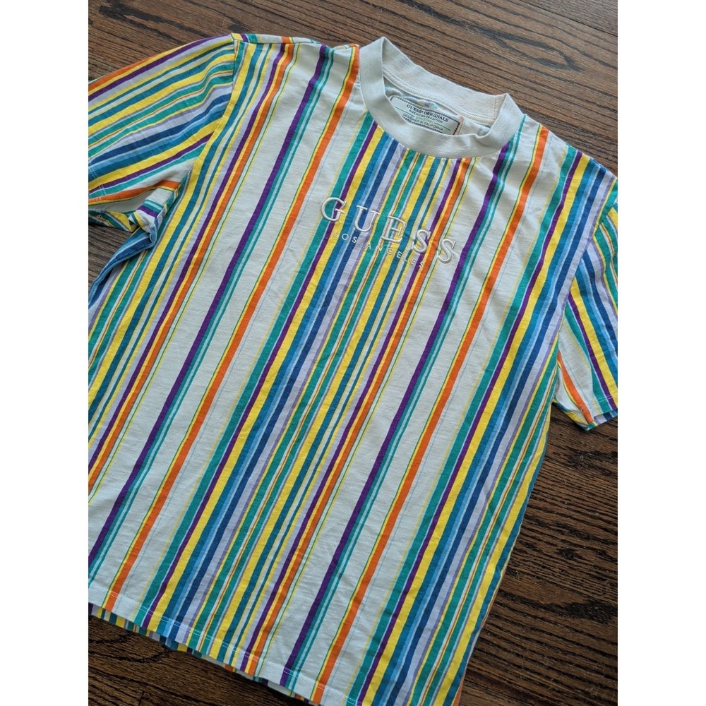 Vtg Guess Jeans Los Angeles Multicolor Vertical Striped T Shirt Y2K 90s Sz M